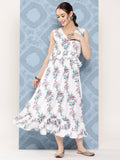 InWeave Women's White Floral Paisley Print Long Frill Dress