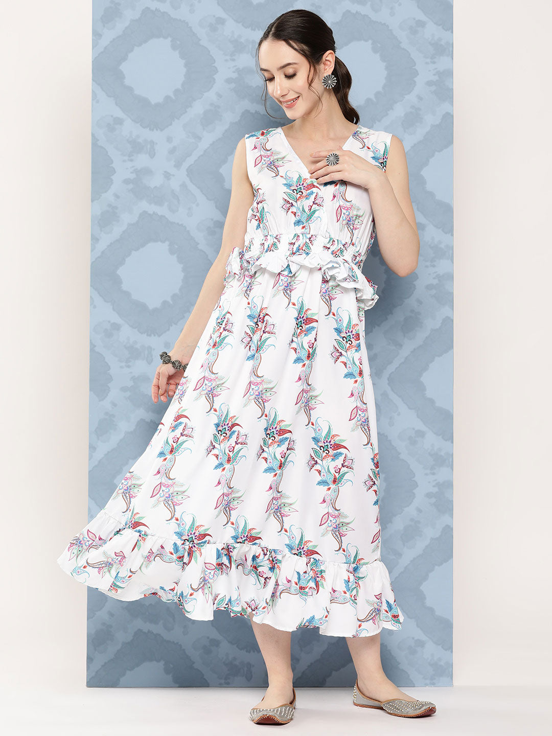 InWeave Women's White Floral Paisley Print Long Frill Dress