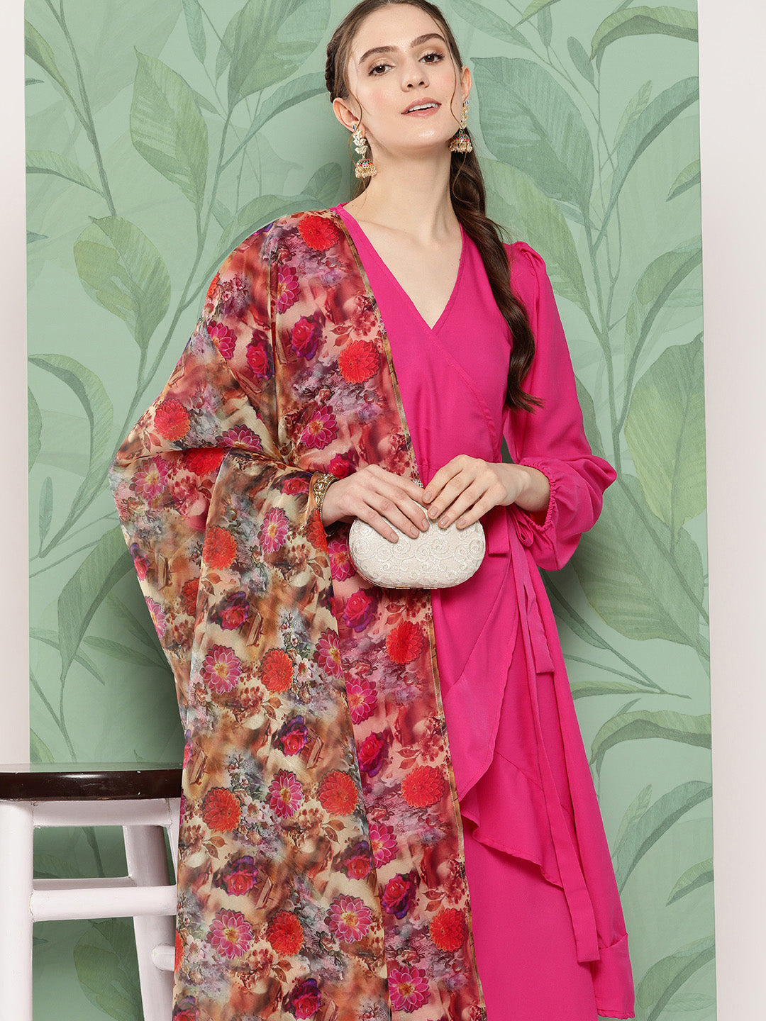 InWeave Women's Magenta Tie Up Kurta Set W Camel Brown Or Dupatta