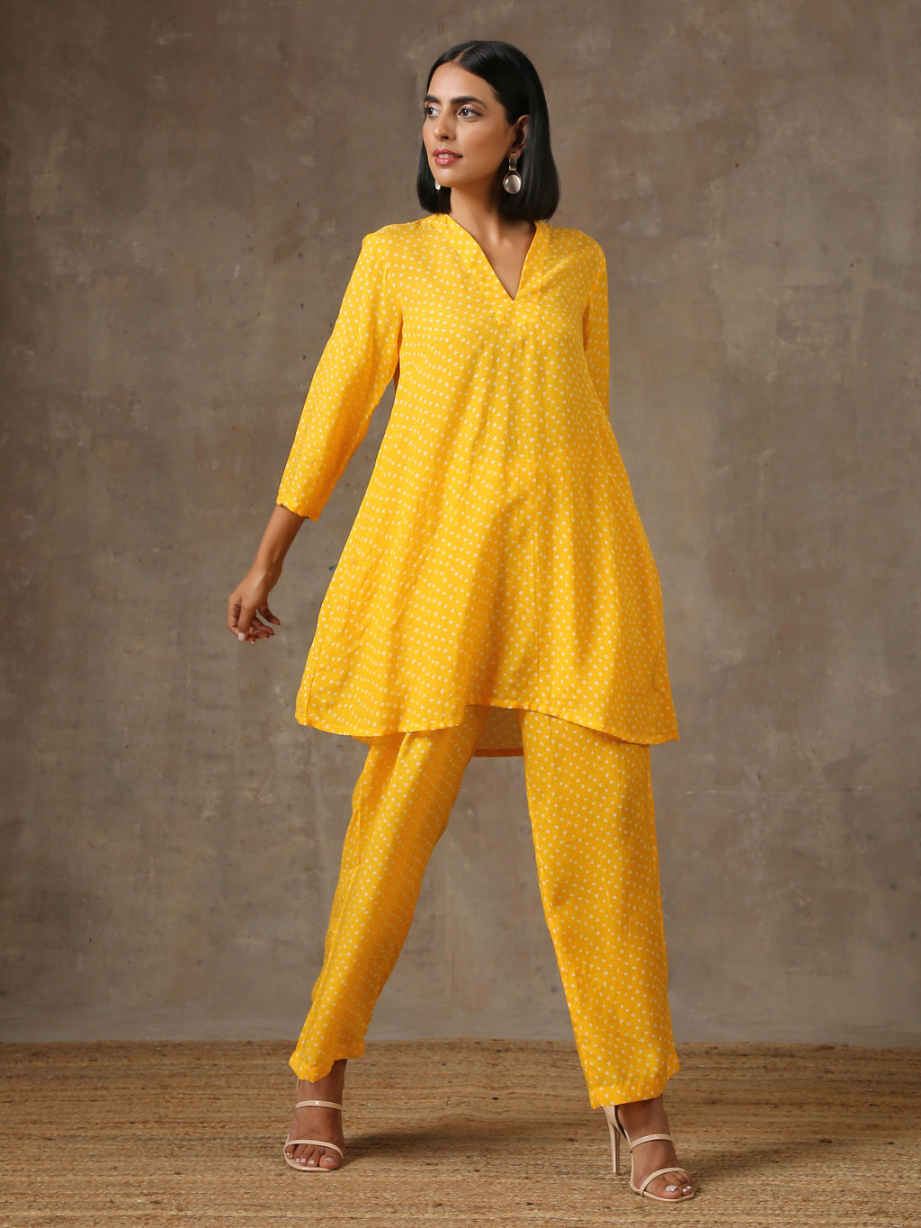 trueBrowns Yellow Bandhani Flare Printed Silk Co-Ord Set