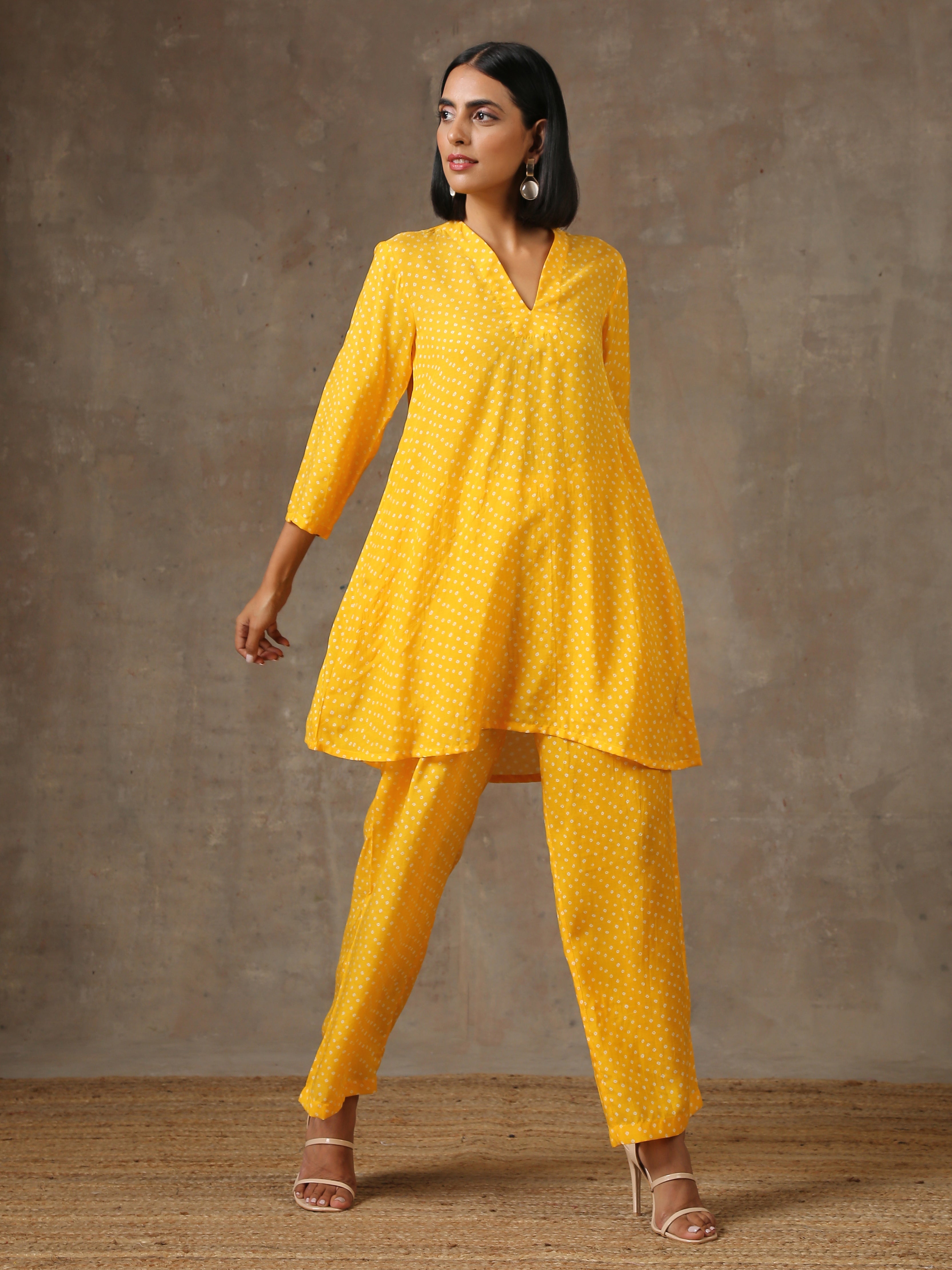 trueBrowns Yellow Bandhani Flare Printed Silk Co-Ord Set