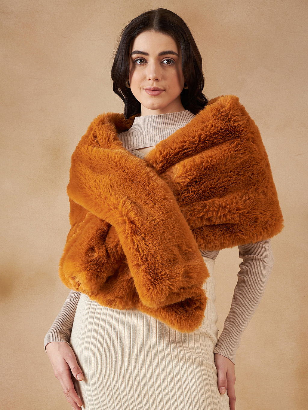 InWeave Women's Carrot Orange Long Faux Fur Cape