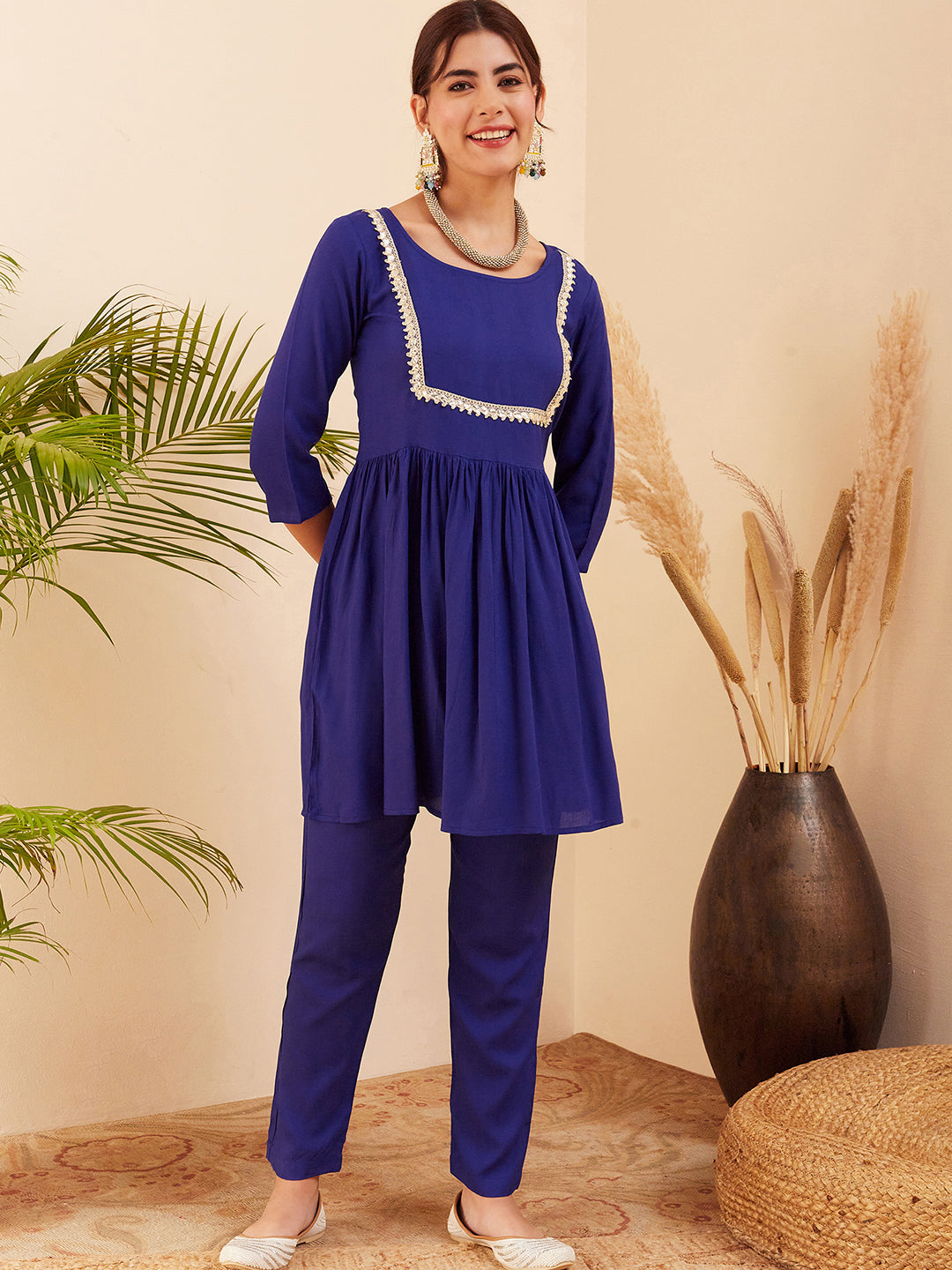 InWeave Women's Blue Round Neck Square Gota Work Kurta Pant Set