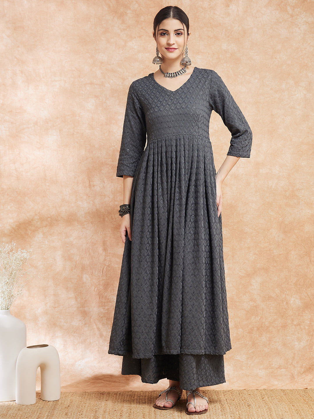InWeave Women's Grey Chikankari Long Anarkali Kurta Sharara Set