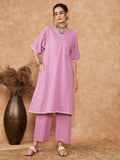 InWeave Women's Mauve Kantha Lace Wrok Kimono Sleeve Kurta Set