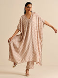 trueBrowns Beige White Floral Silk Print Kaftan Pant Set