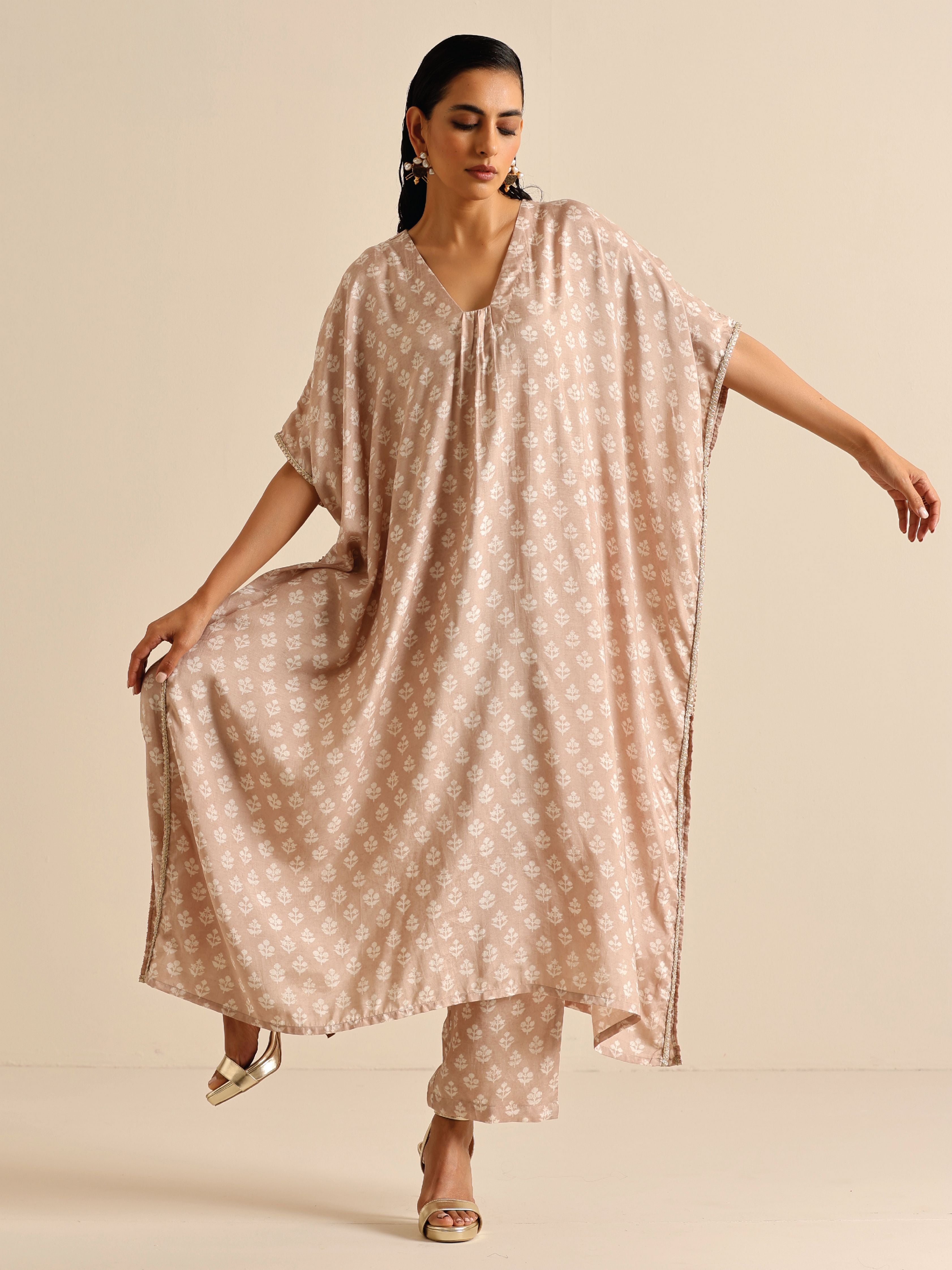 trueBrowns Beige White Floral Silk Print Kaftan Pant Set