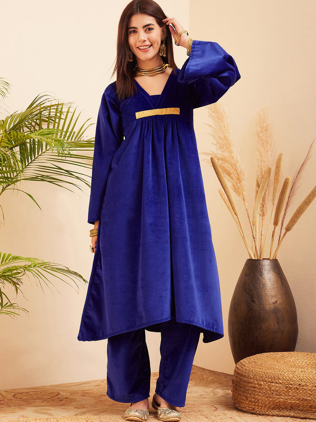 InWeave Women's Royal Blue V Neck Asymmetrical Pleated Velvet Kurta Set