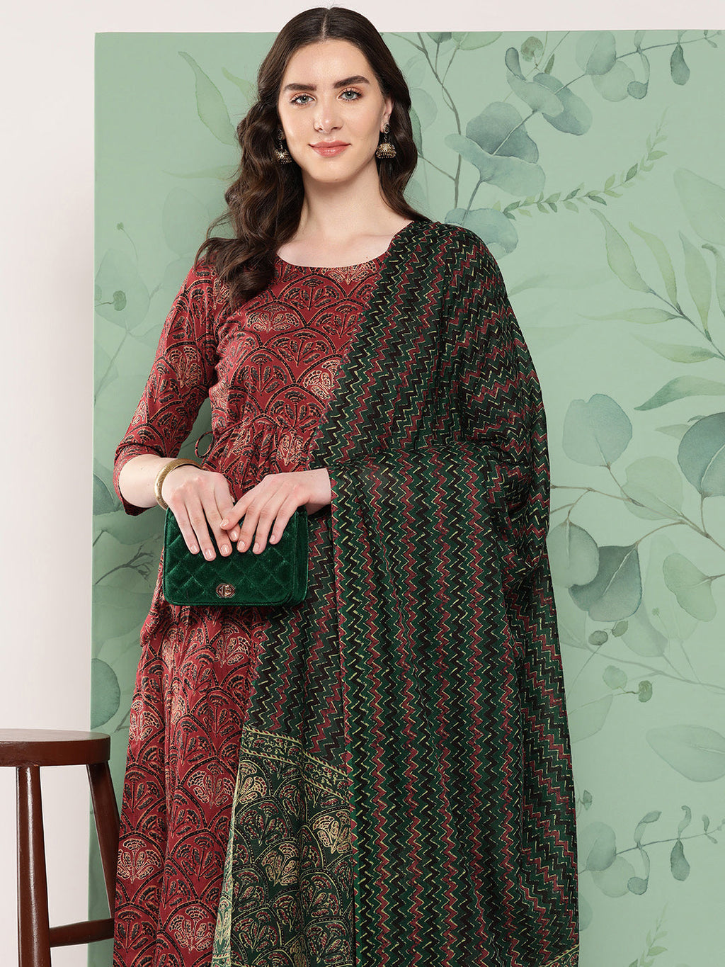 InWeave Women's Long Kurta Set Rust Ajrakh With Green Ajrakh Dupatta