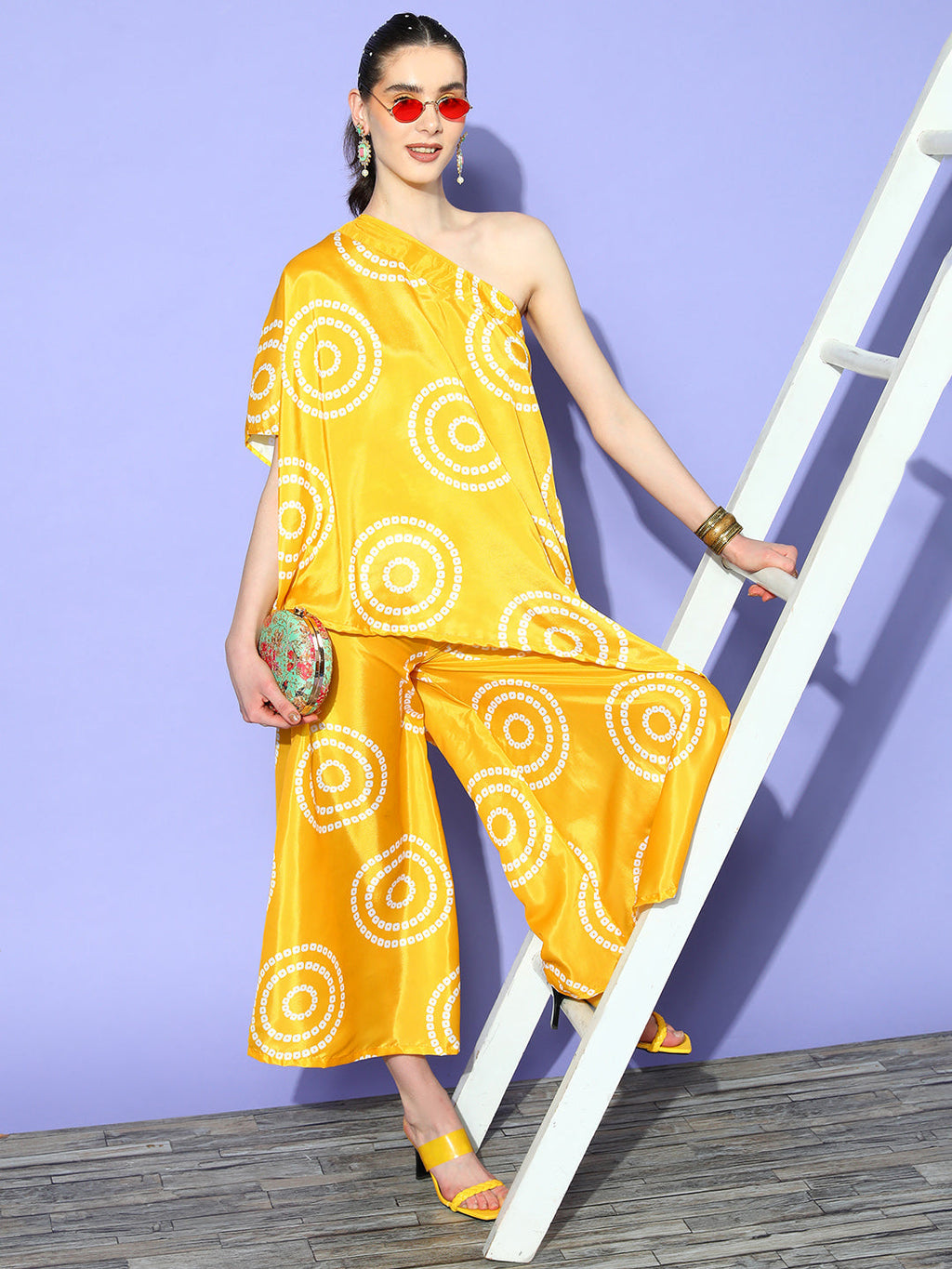 InWeave Women's Yellow Bandhani Motif One Shoulder Palazzo Set