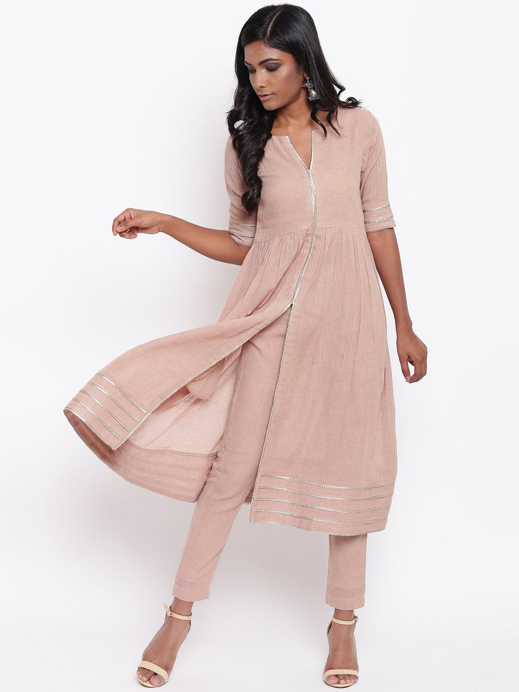 trueBrowns Pure Cotton Beige Gota Slit Kurta Set