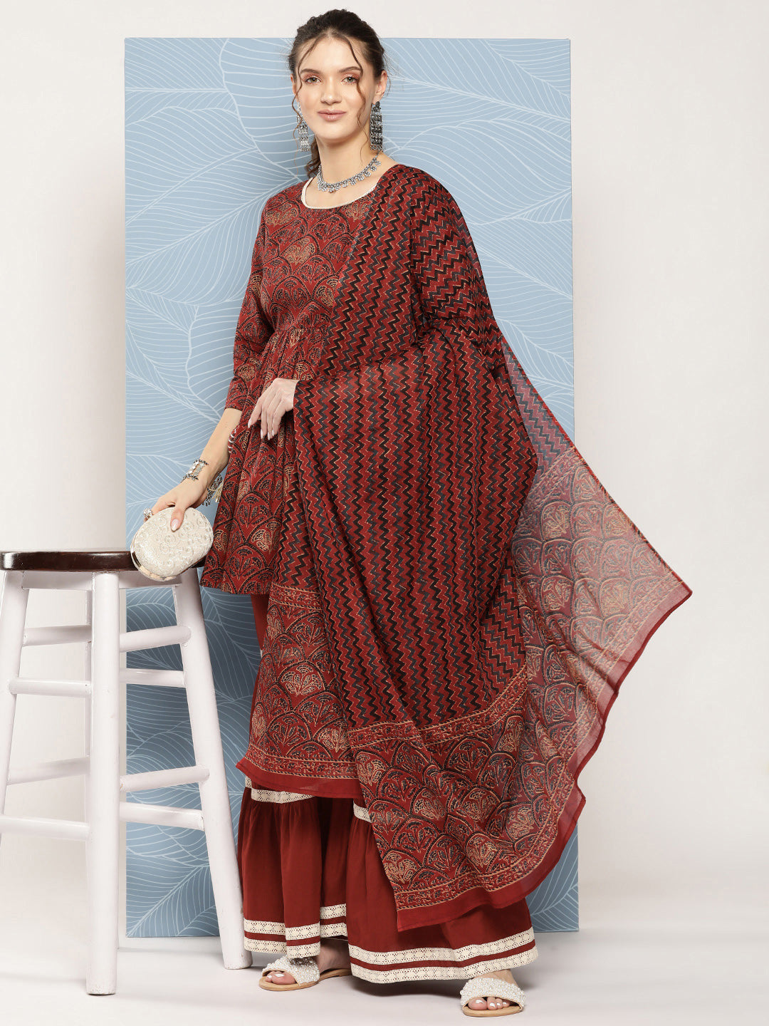 InWeave Women's Brick Rust Ajrakh Sharara Set With Dupatta
