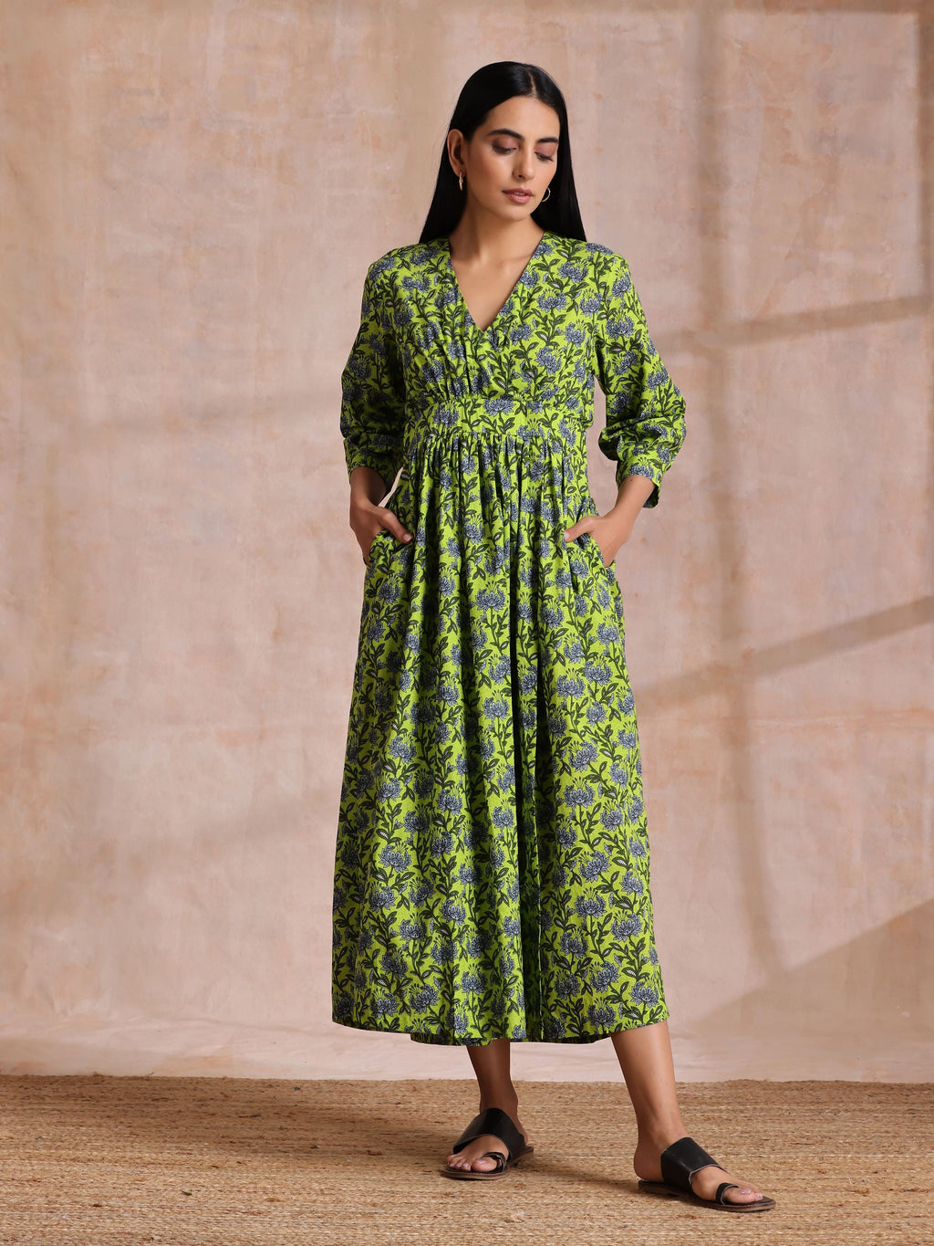 trueBrowns Lime Green Overall Blue Floral Block Print Cotton Wrap Dress