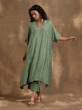 trueBrowns Light Green Bandhani Printed Silk Oversized Kurta Pant Set
