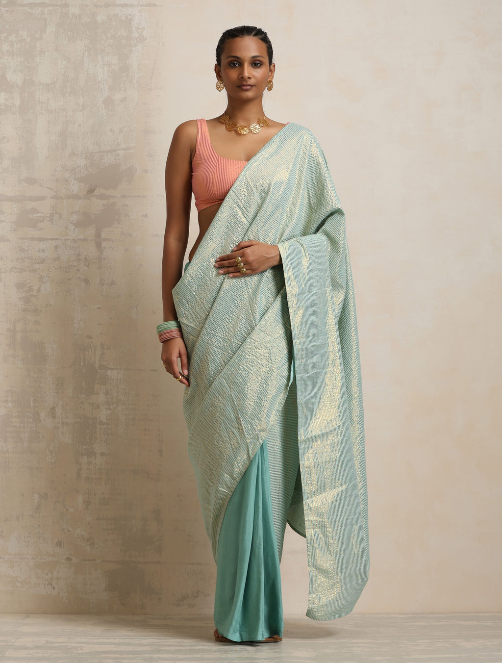 trueBrowns Blue Gold Lurex Ready To Wear Saree