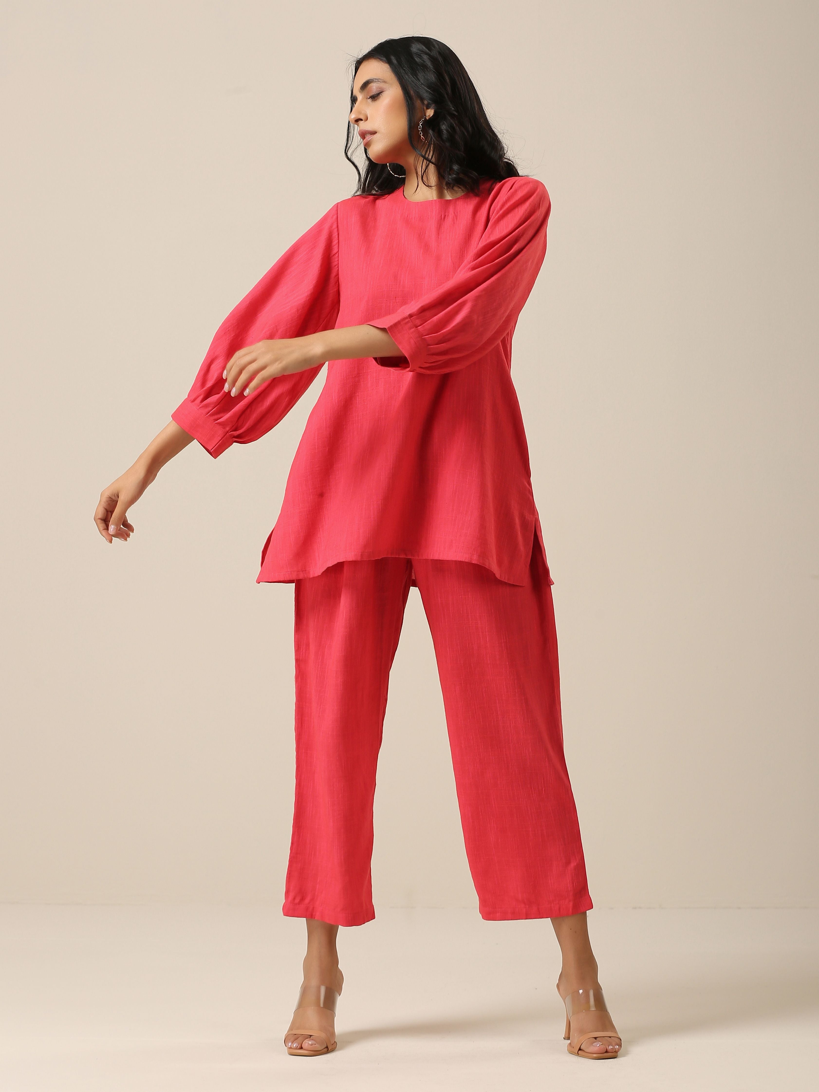 trueBrowns Bright Pink Slub Texture Baggy Sleeve Co-Ord Set