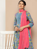 KSUT (House of Varanga) Blue Floral Printed Anarkali Kurta Paired With Printed Palazzo And Dupatta