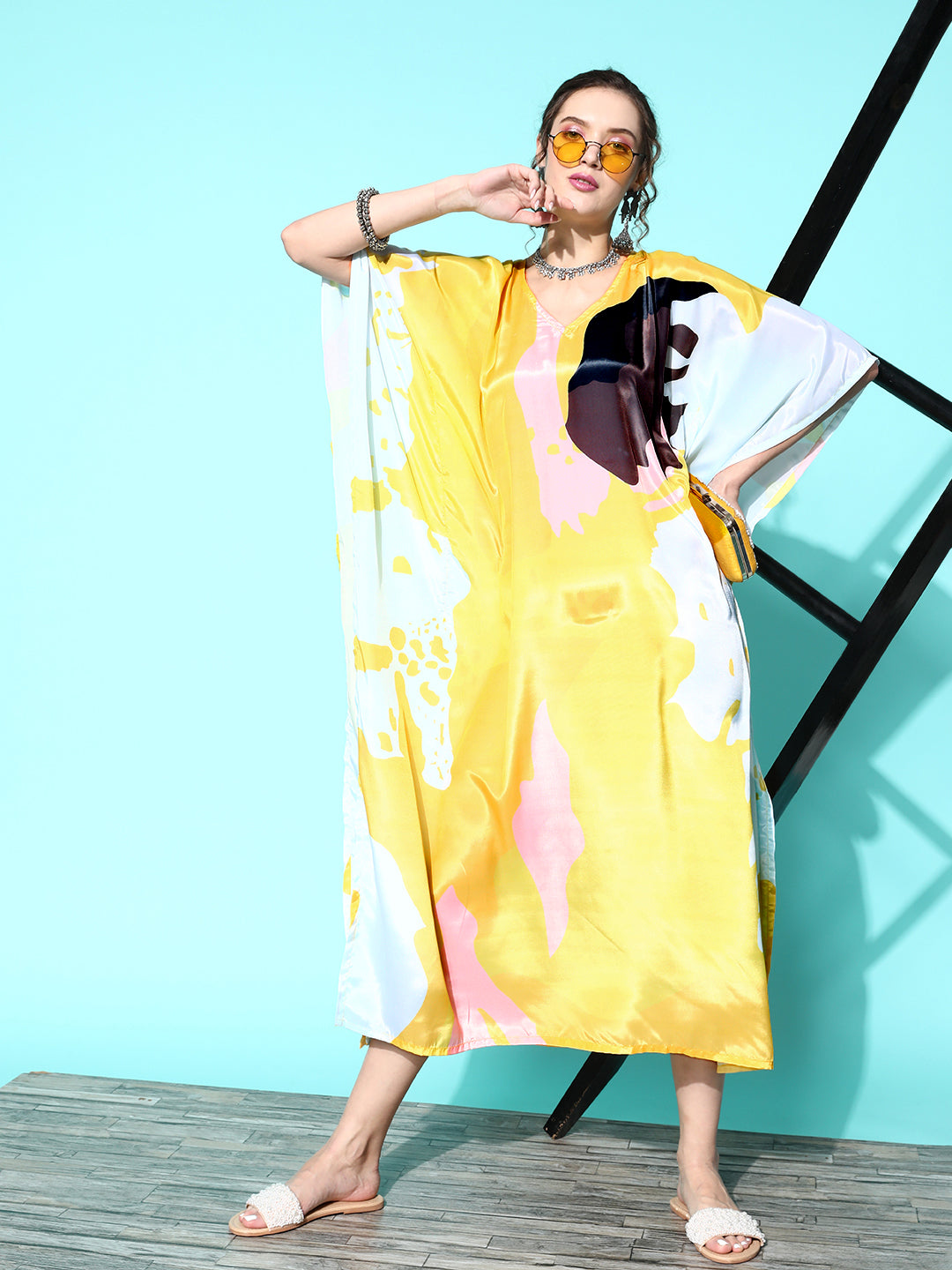 InWeave Women's Yellow Big Abstract Print Long Kaftan