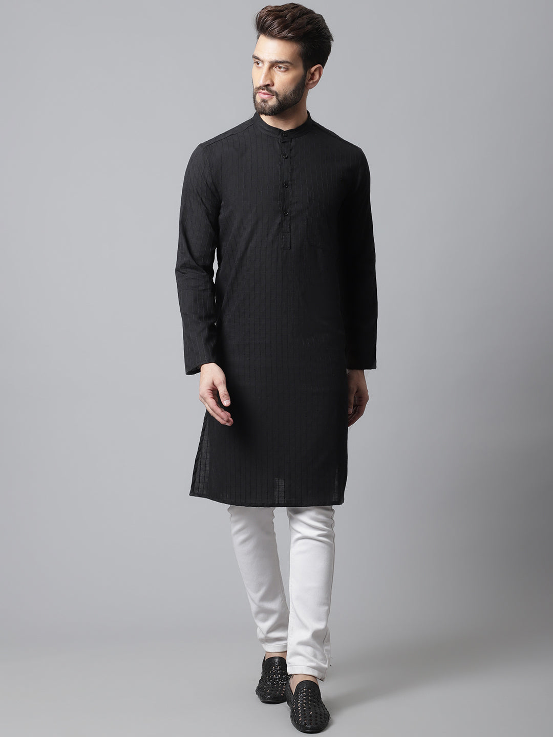 Even Apparels Black Long Kurta With Band Collar