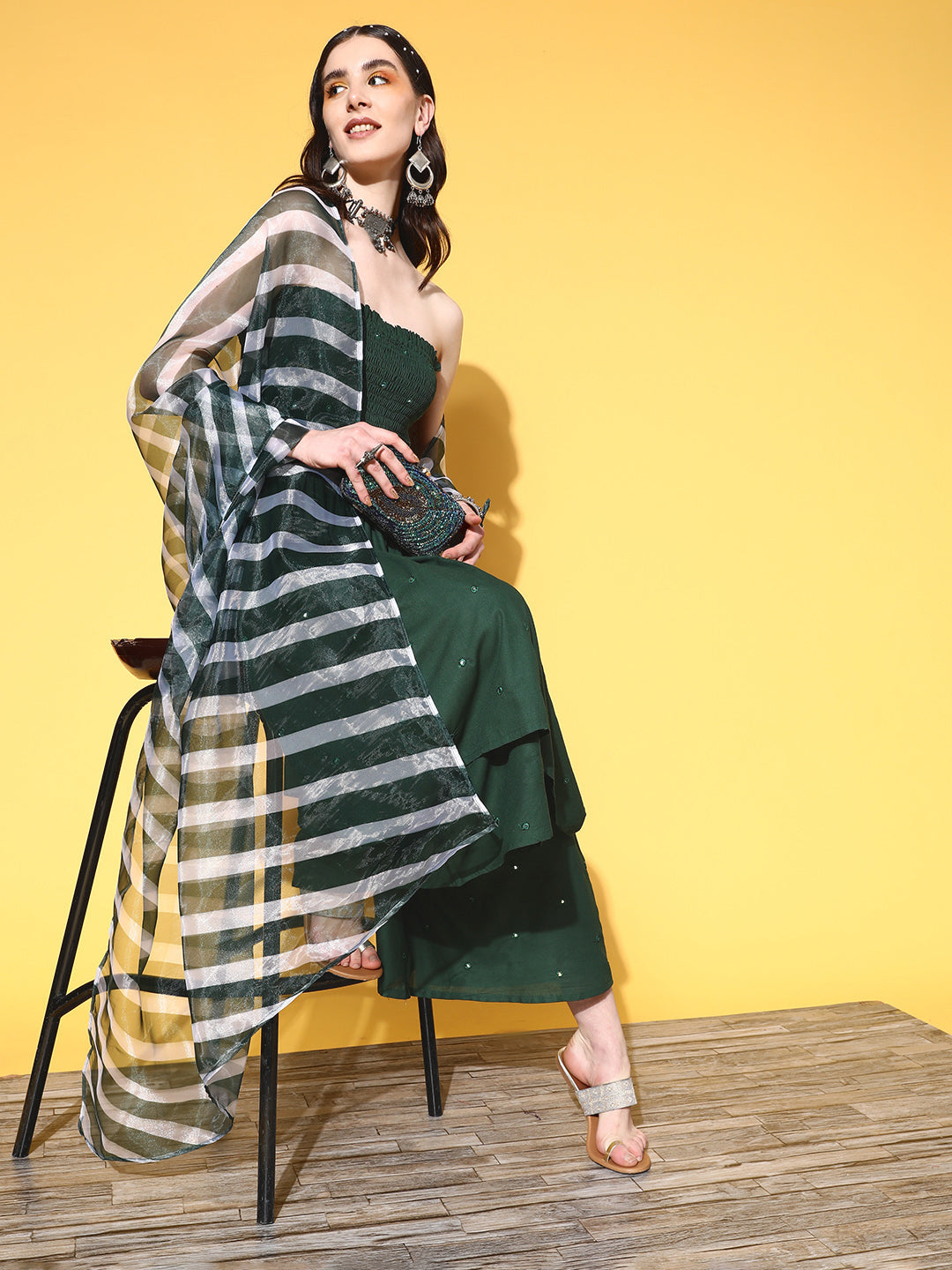 InWeave Women's Green Mirror Work Off Shoulder Kurta Set With Dupatta