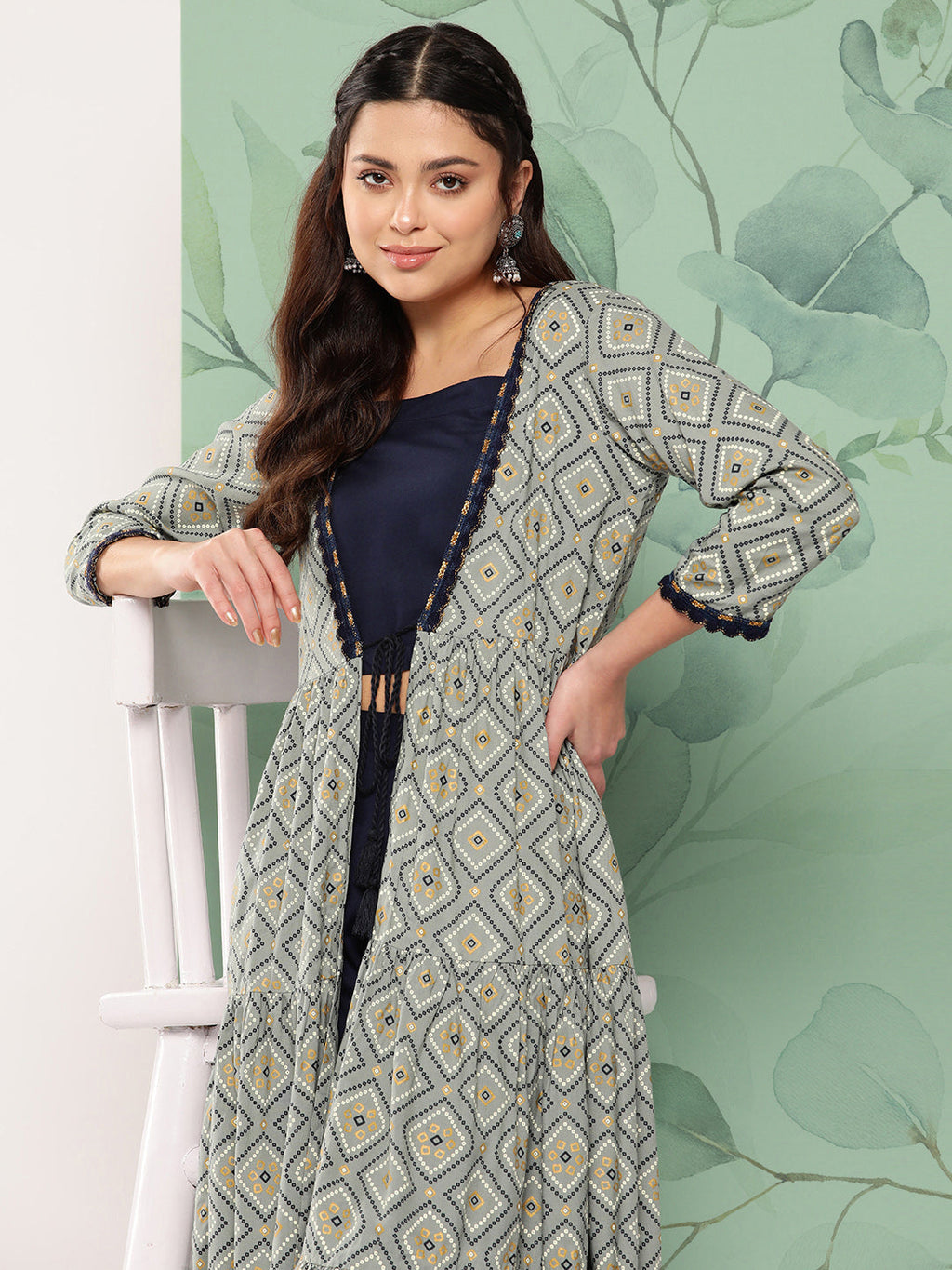 InWeave Women's Navy Top Bottom W Grey Bandhej Long Shrug Set