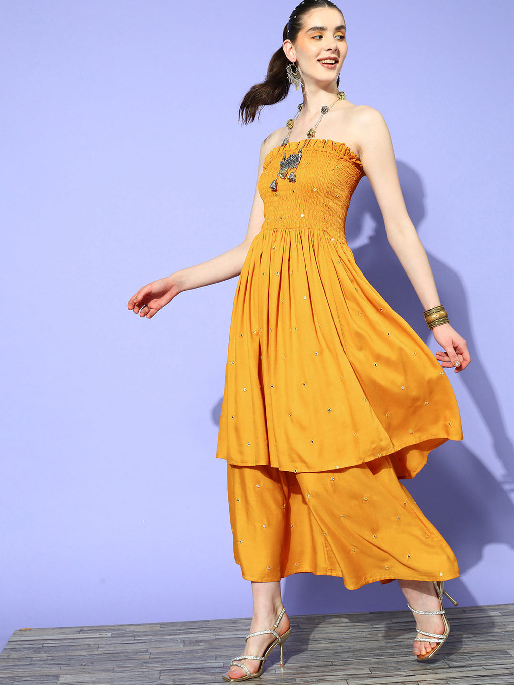 InWeave Women's Mustard Mirror Work Off Shoulder Kurta Set