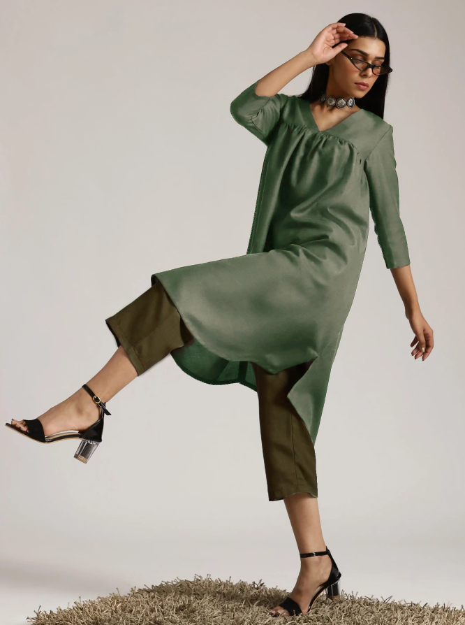 trueBrowns Cotton Linen Light Green Gathered Kurta Pant Set