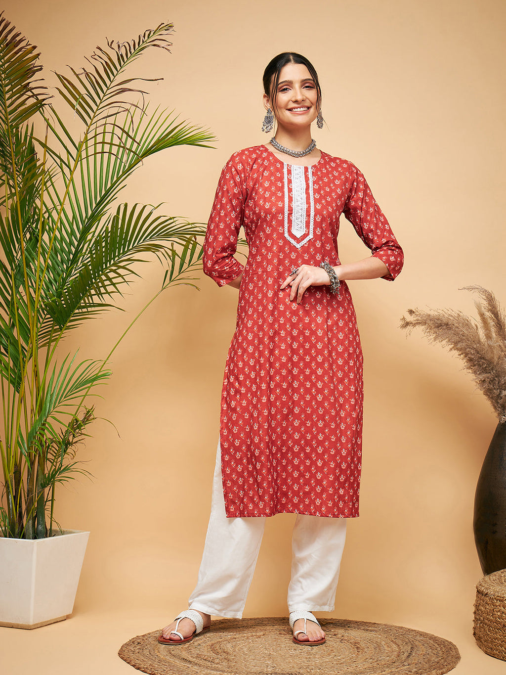 InWeave Women's Rust Small Floral Print Lace Straight Kurta