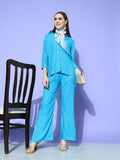 InWeave Women's Aqua Blue Coord Set With White Butterfly Scarf