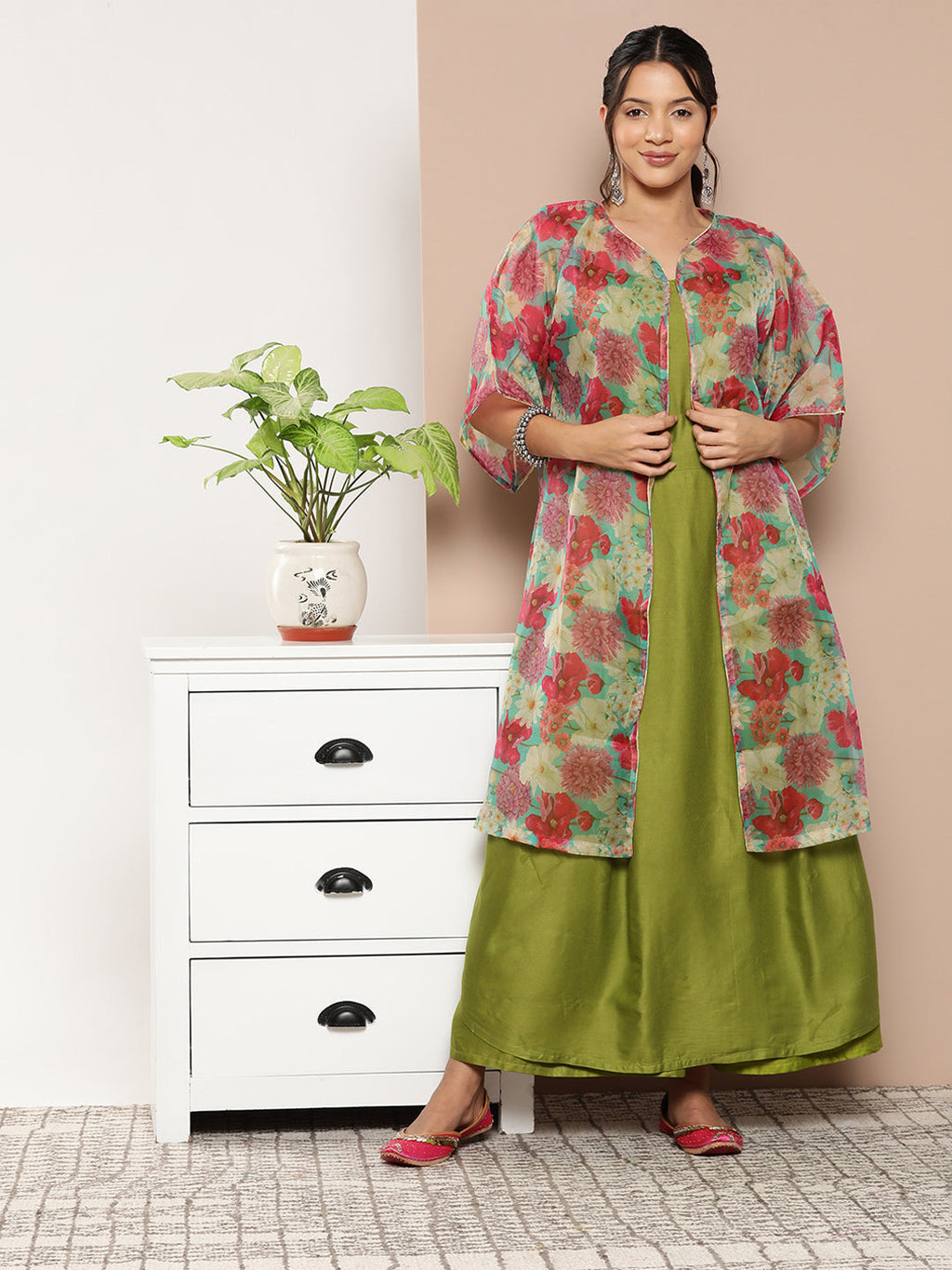 InWeave Women's Olive Green Strappy Set With Pink Green Floral Cape