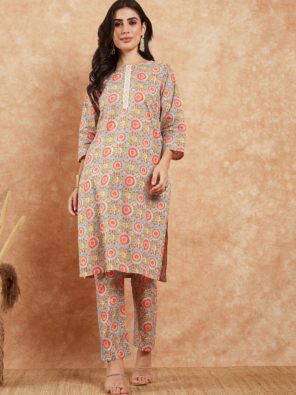 InWeave Women's Light Blue Floral Jaal Gota Work Straight Kurta Pant Set