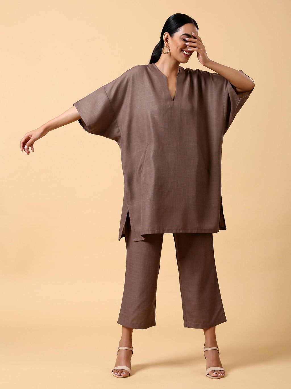 trueBrowns Cotton Linen Burnt Brown Boxy Fit Co-Ord Set
