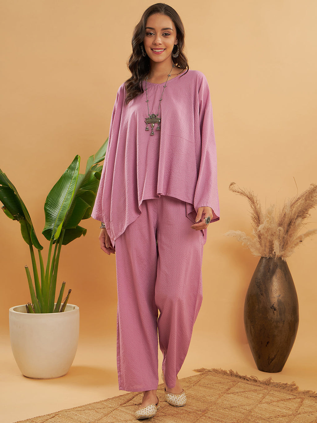 InWeave Women's Mauve Kantha Boho Full Sleeve Coord Set
