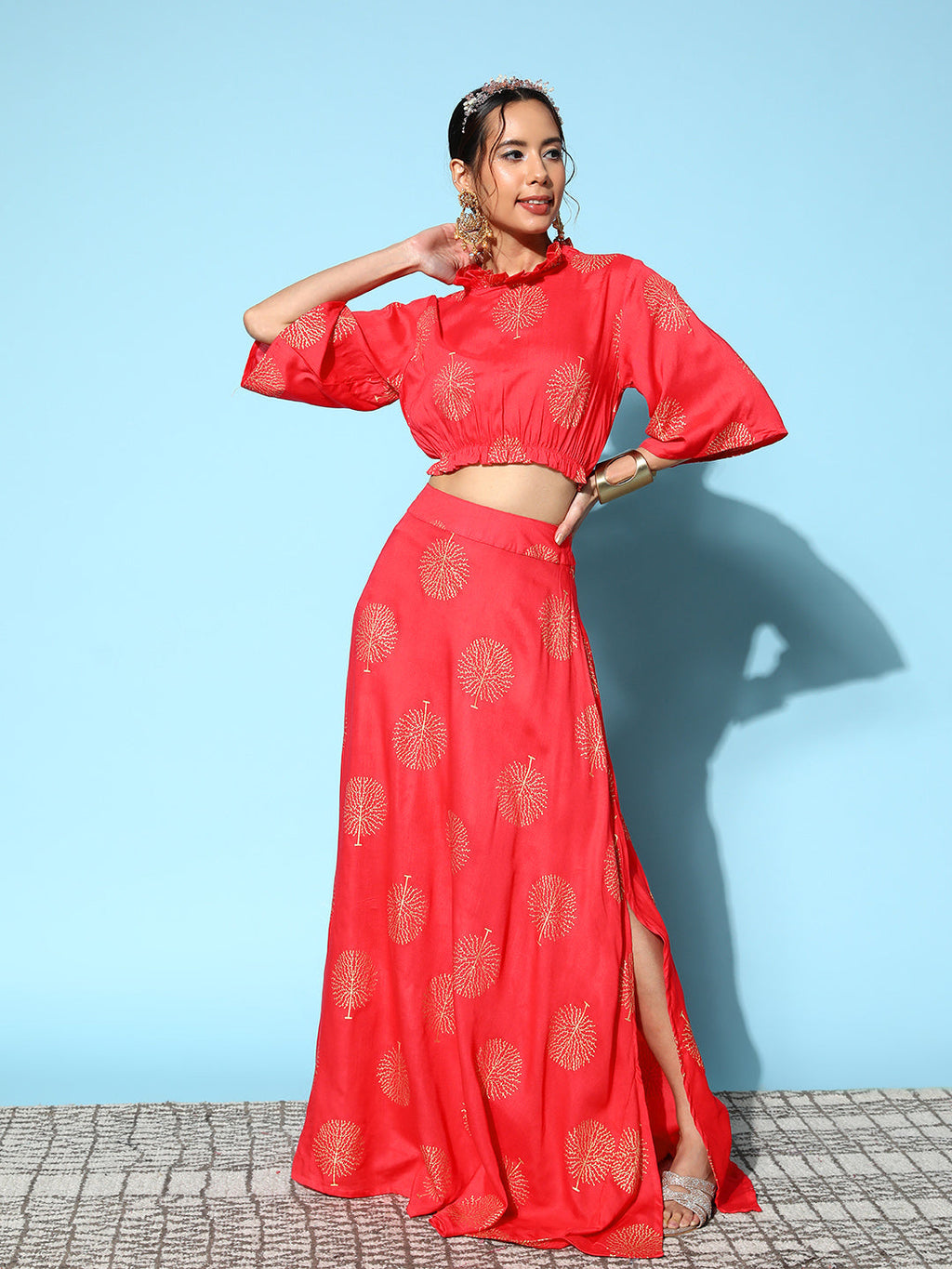 InWeave Women's Red Gold Printed Crop Top With Side Slit Skirt