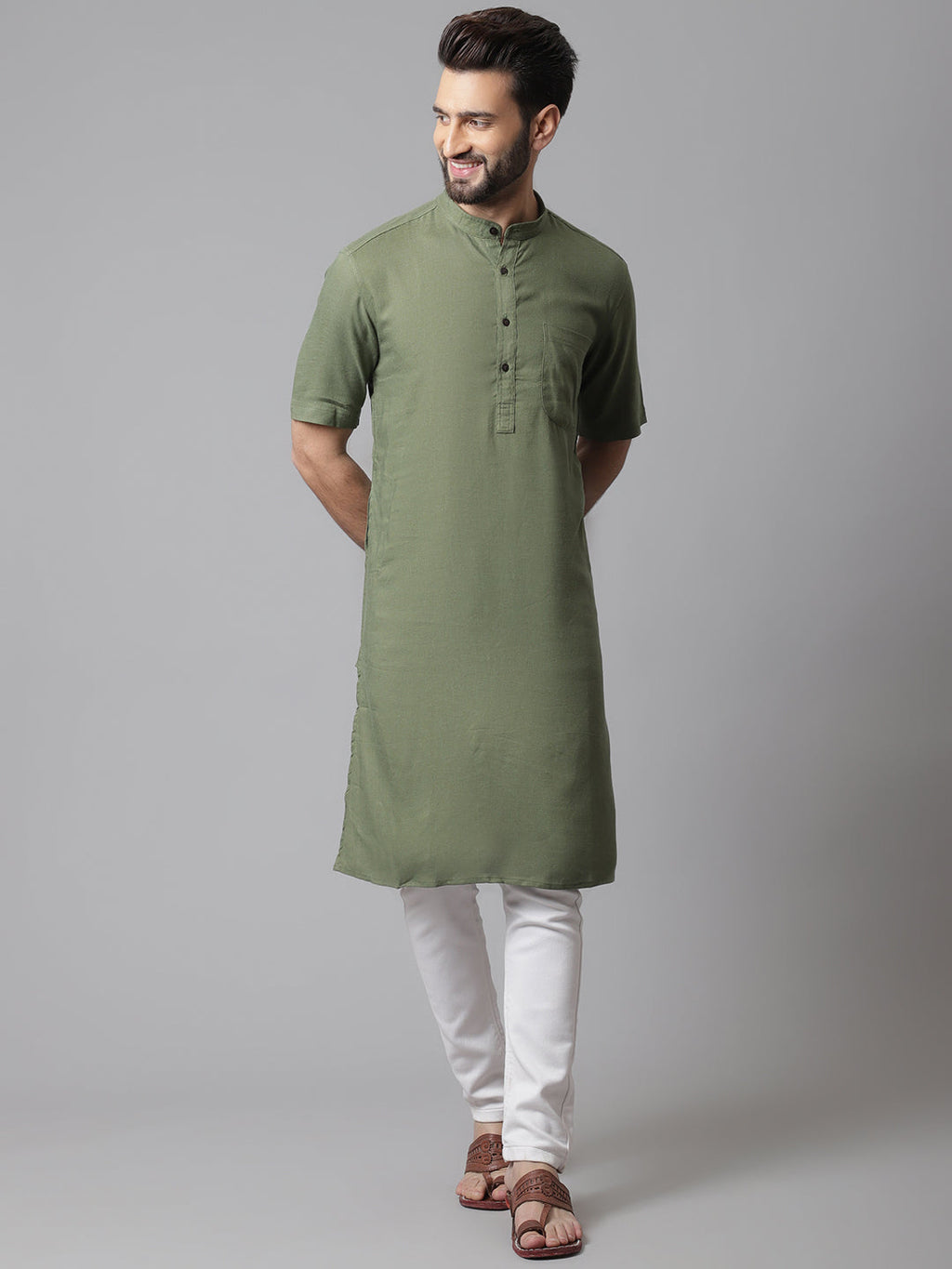 Even Apparels Green Pure Cotton Kurta With Band Collar