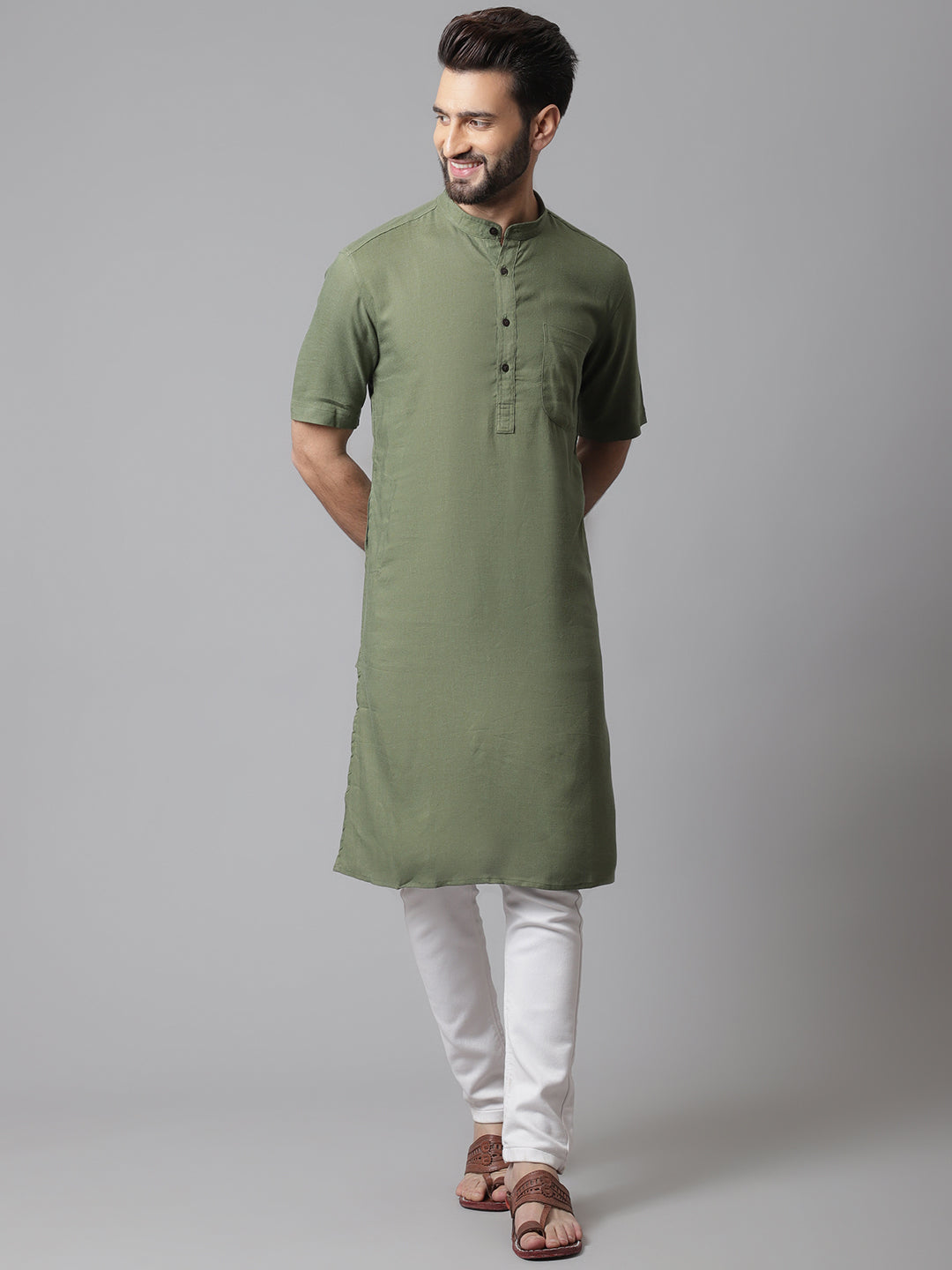 Even Apparels Green Pure Cotton Kurta With Band Collar