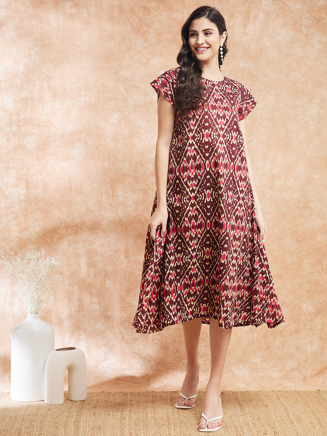 InWeave Women's Wine Ikkat Print A Line Dress