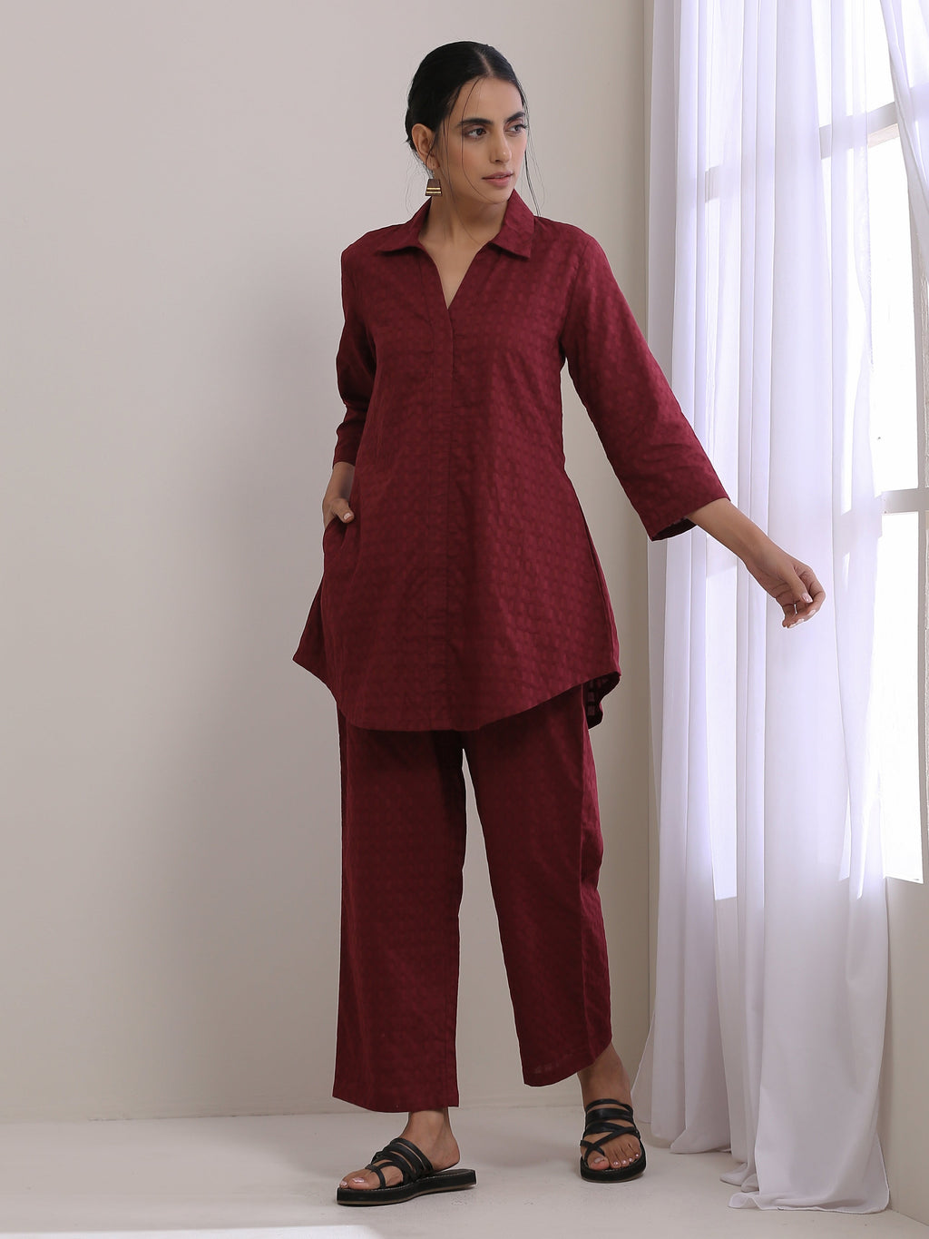 trueBrowns Ruby Wine Dobby Collar Short Co-Ord Set