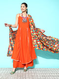 InWeave Women's Orange Red Gota Strappy Set With Multi Foil Muslin Dupatta