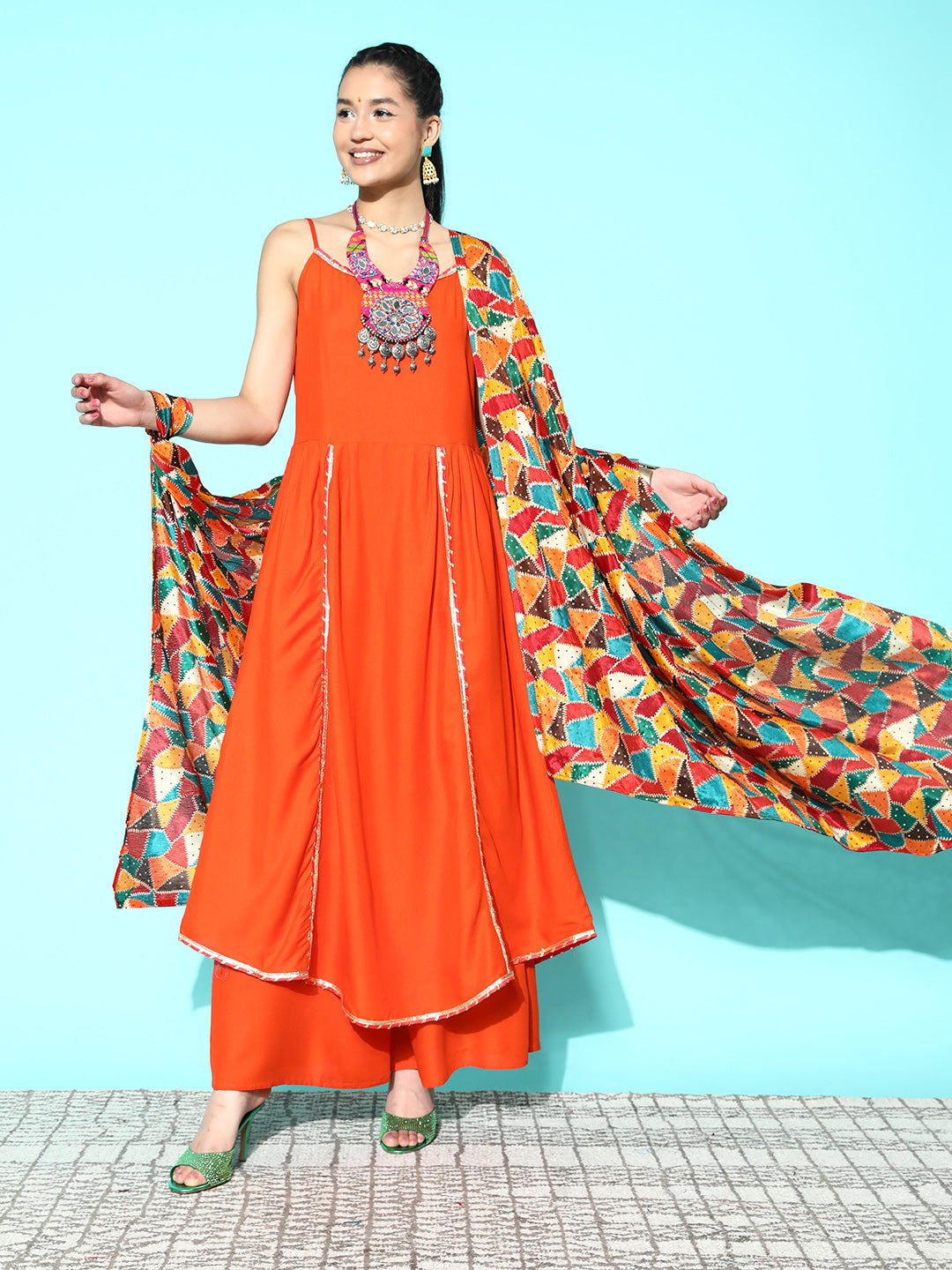 InWeave Women's Orange Red Gota Strappy Set With Multi Foil Muslin Dupatta