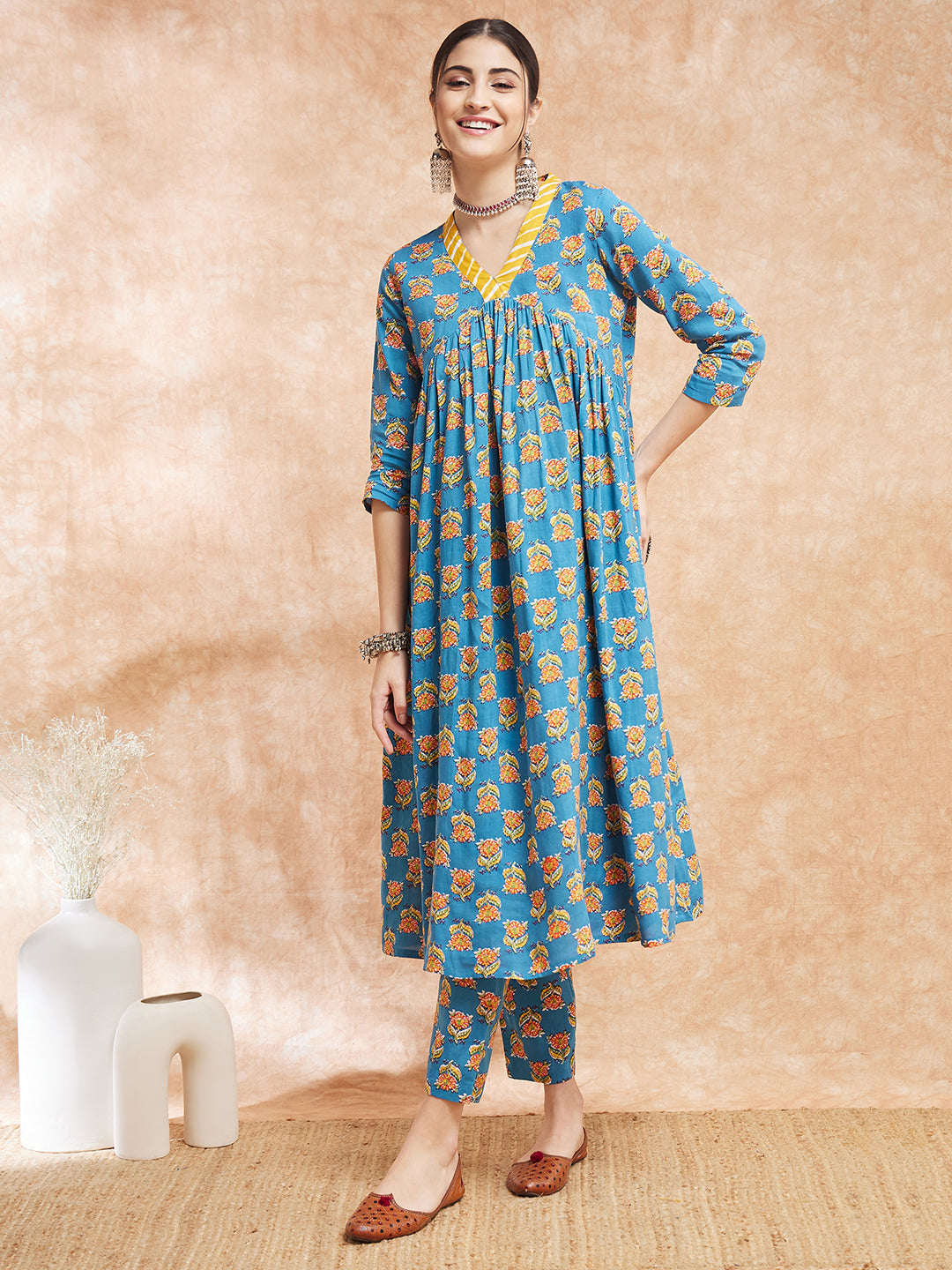 InWeave Women's Blue Orange Floral Yellow White Leh V Neck Kurta Set