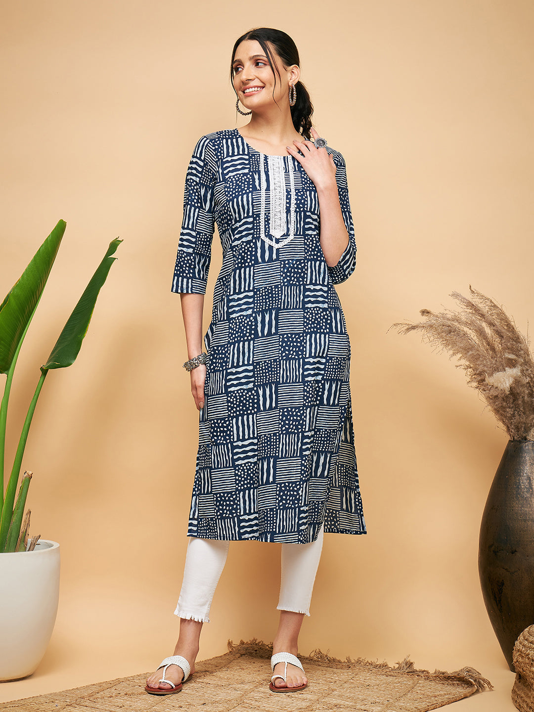 InWeave Women's Ankola Indigo With Tiles Hand Block Print Lace Straight Kurta