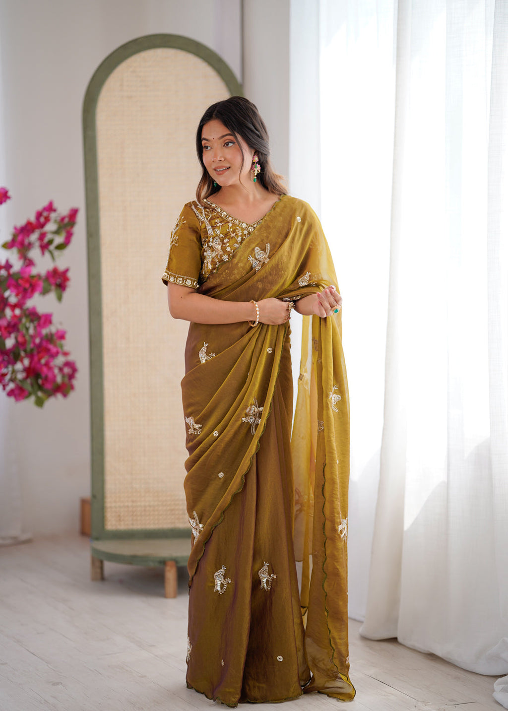 Evanik Mehendi Mos Silk With Handwork Butterfly Design Saree With Unstitched Blouse
