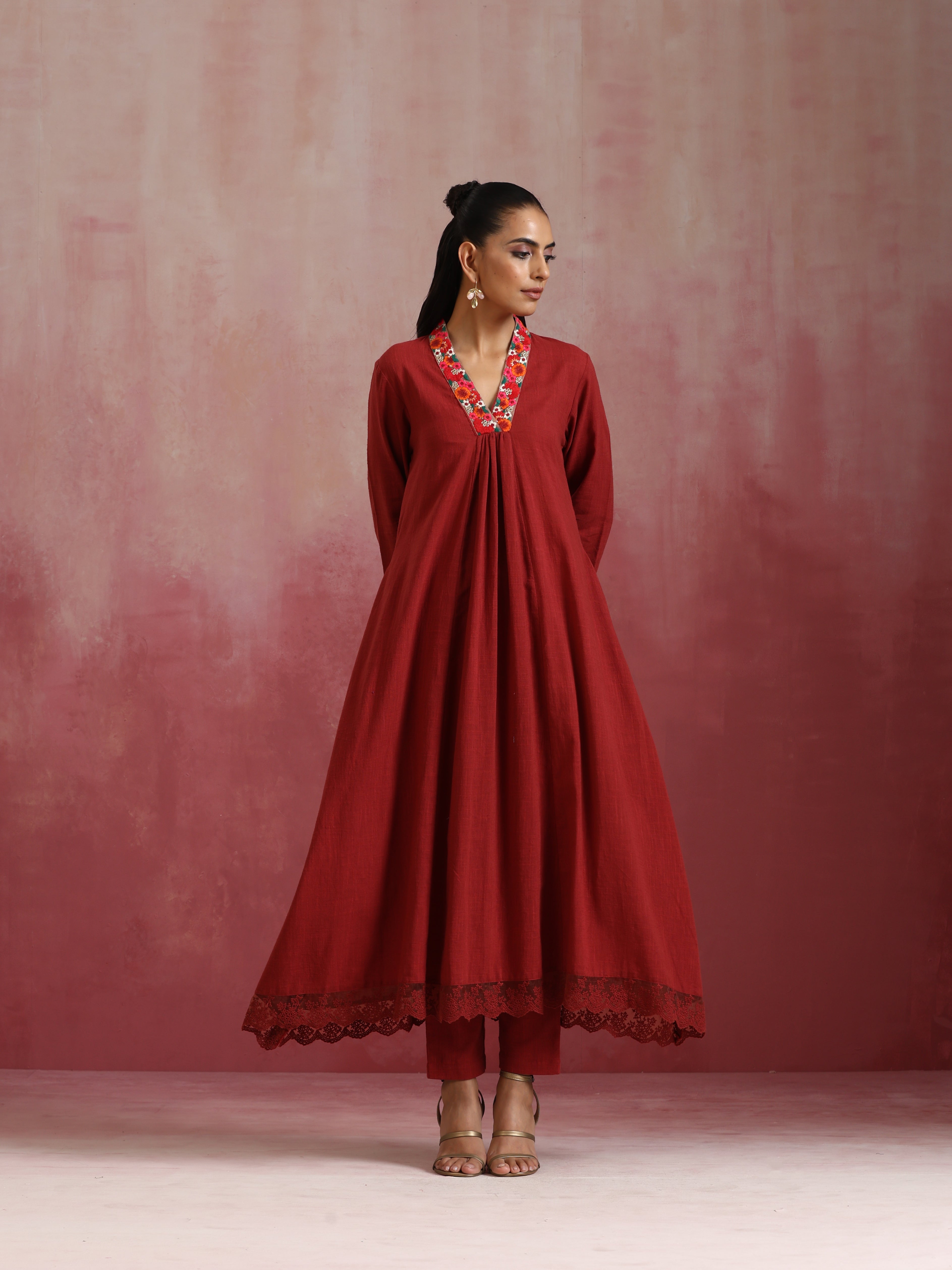 trueBrowns Maroon Cotton Dobby Kurta Set