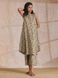 trueBrowns Beige Overall Brown Floral Block Print Cotton High-Low Co-Ord Set