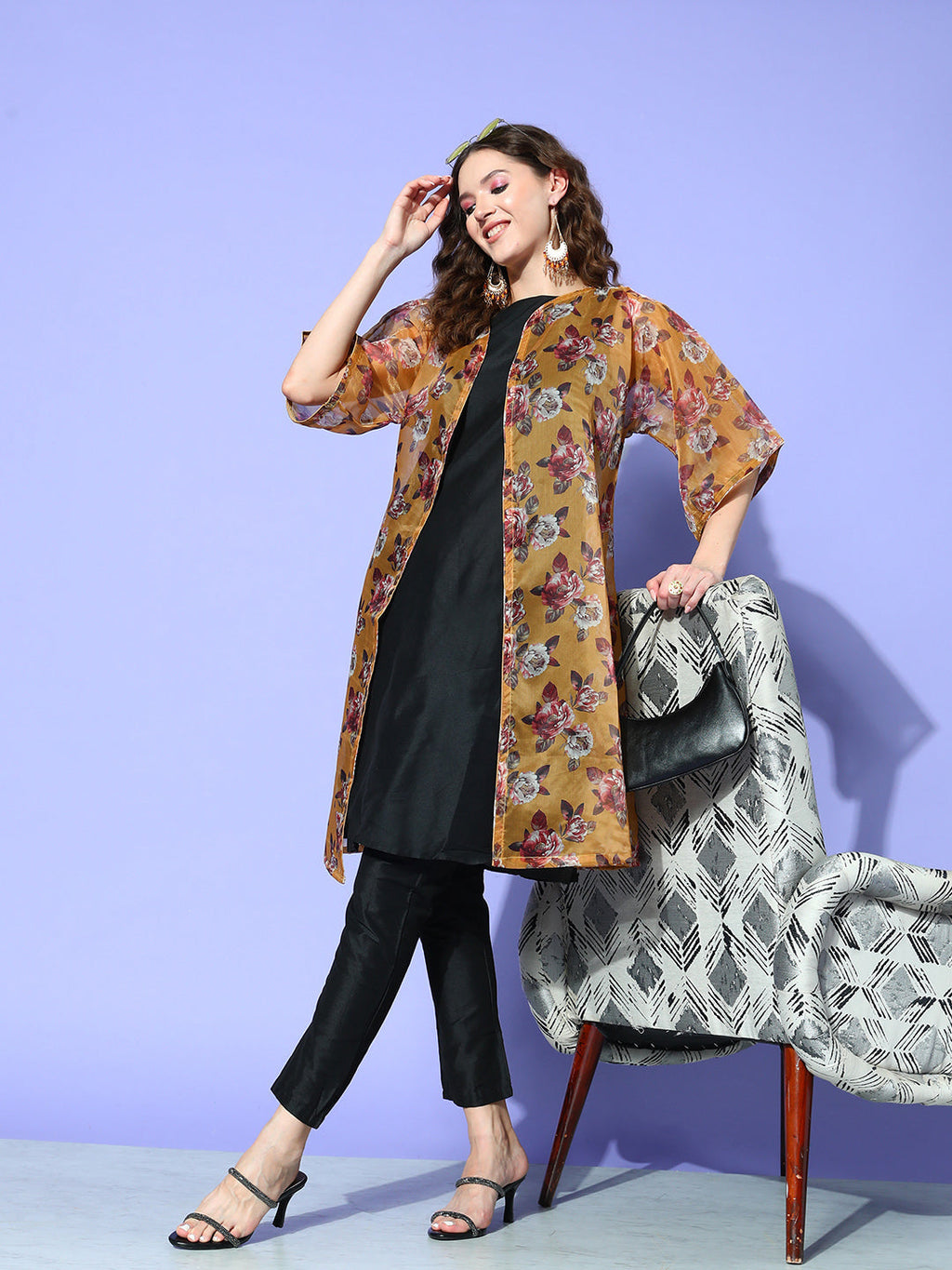 InWeave Women's Camel Brown White Rose Chintz Organza Cape