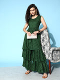 InWeave Women's Forest Green Gold Print Tiered Sharara Set