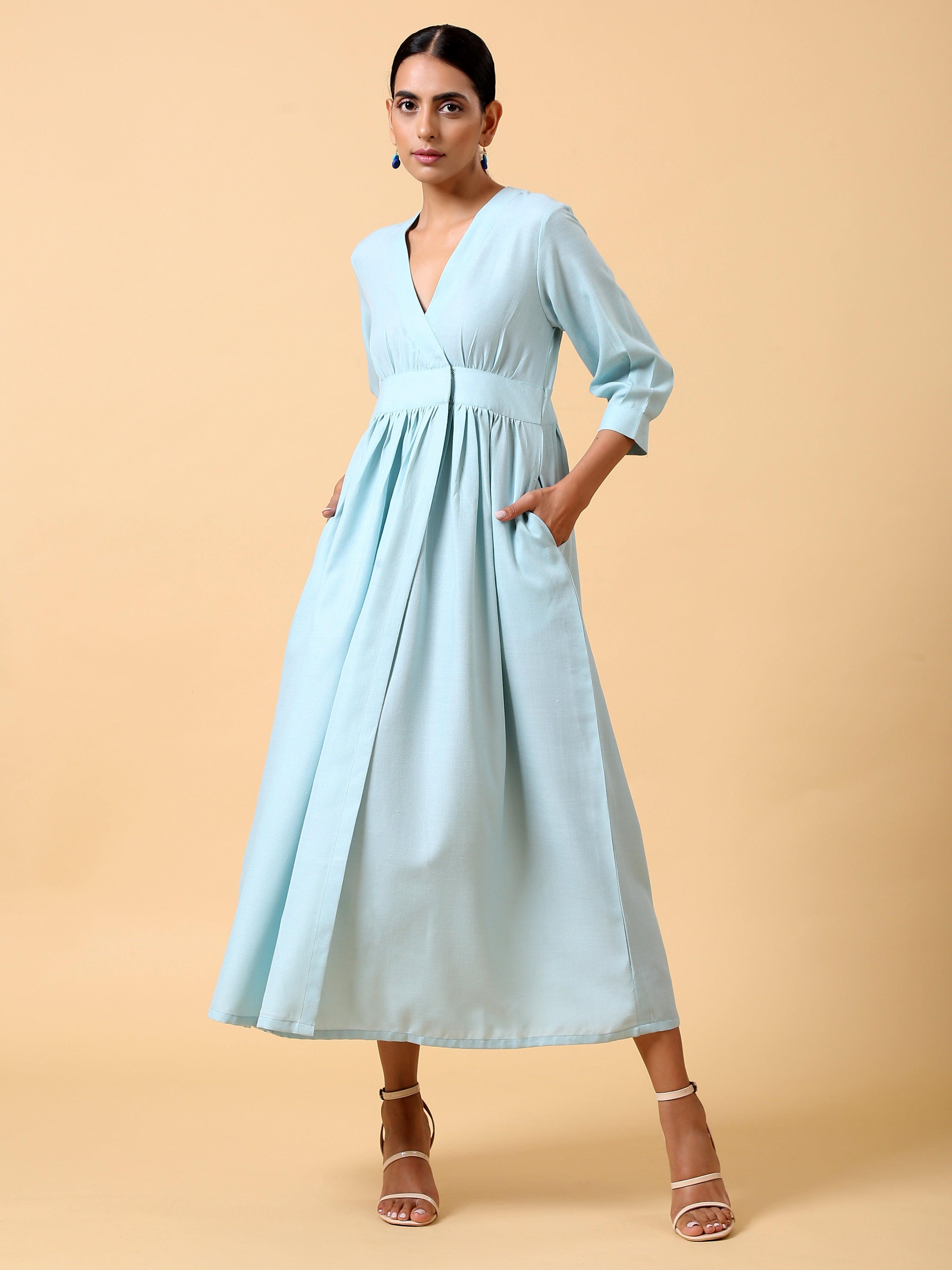 trueBrowns Cotton Linen Light Blue Wrap Dress