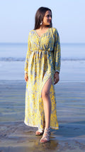 Noroke Vintage Crepe Yellow Vintage Printed Long Dress