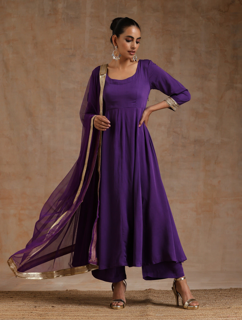 trueBrowns Violet Modal Satin Anarkali Set